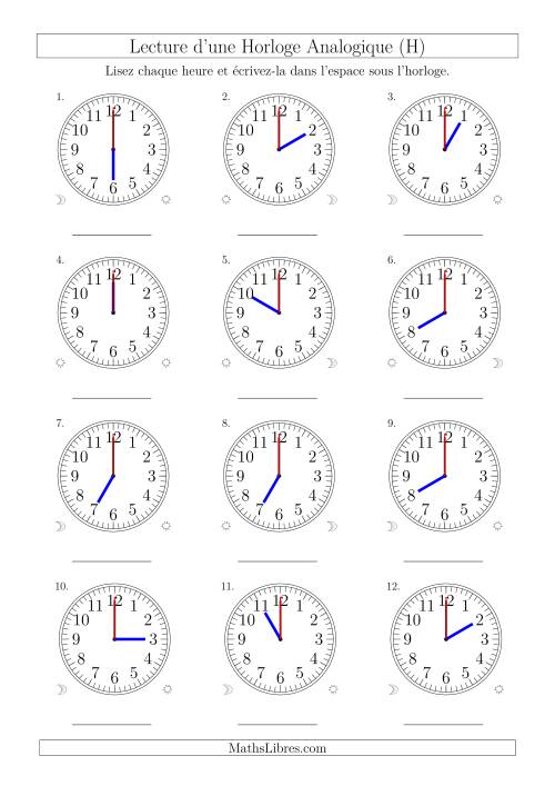 Lecture de l'Heure sur Une Horloge Analogique avec 60 Minutes & Secondes d'Intervalle (12 Horloges) (H)