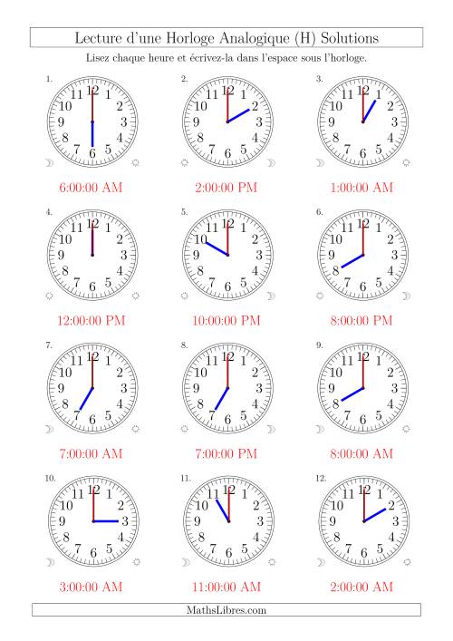 Lecture de l'Heure sur Une Horloge Analogique avec 60 Minutes & Secondes d'Intervalle (12 Horloges) (H) page 2