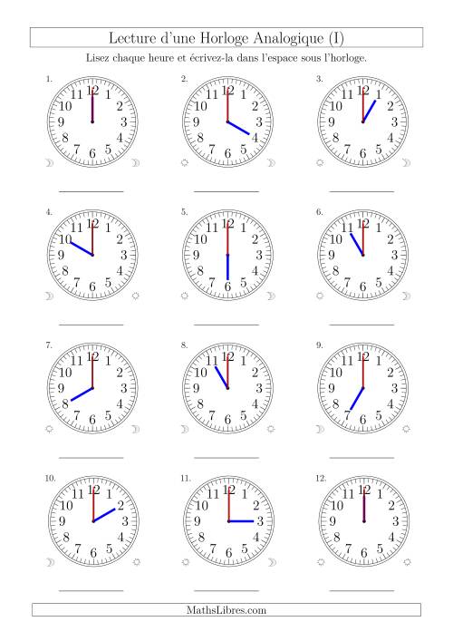 Lecture de l'Heure sur Une Horloge Analogique avec 60 Minutes & Secondes d'Intervalle (12 Horloges) (I)