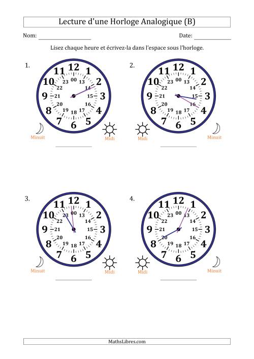Lecture de l'Heure sur Une Horloge Analogique utilisant le système horaire sur 24 heures avec 1 Minutes d'Intervalle (4 Horloges) (B)