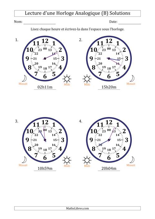 Lecture de l'Heure sur Une Horloge Analogique utilisant le système horaire sur 24 heures avec 1 Minutes d'Intervalle (4 Horloges) (B) page 2