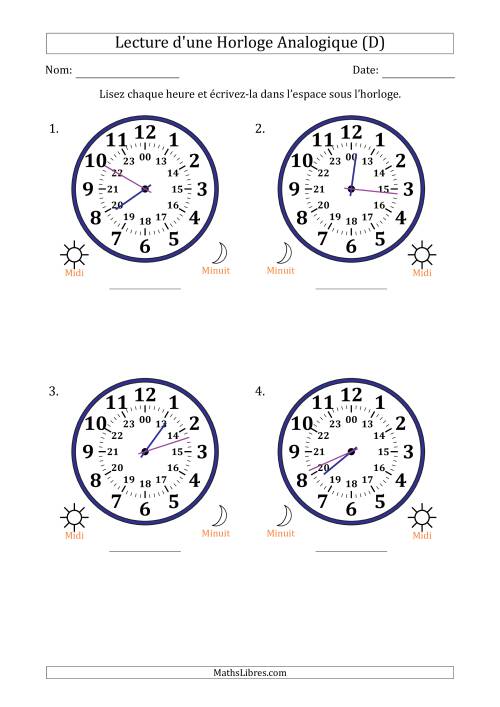Lecture de l'Heure sur Une Horloge Analogique utilisant le système horaire sur 24 heures avec 1 Minutes d'Intervalle (4 Horloges) (D)