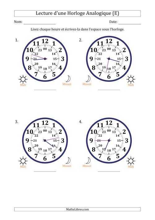Lecture de l'Heure sur Une Horloge Analogique utilisant le système horaire sur 24 heures avec 1 Minutes d'Intervalle (4 Horloges) (E)