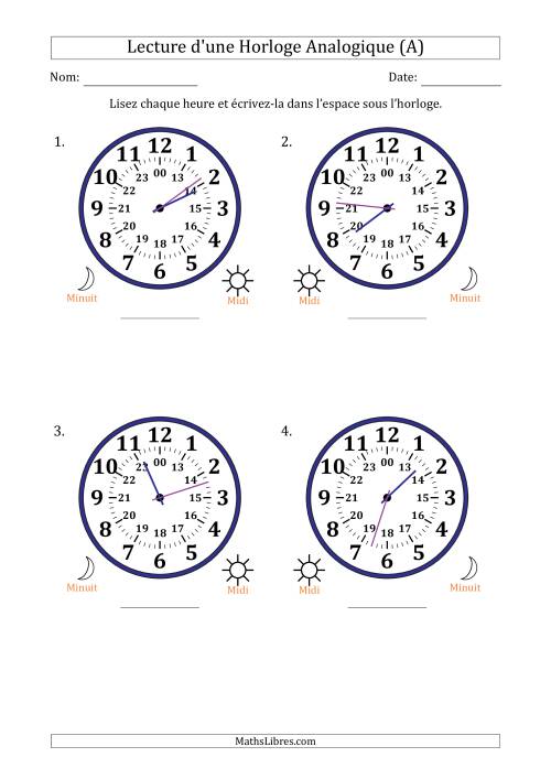 Lecture de l'Heure sur Une Horloge Analogique utilisant le système horaire sur 24 heures avec 1 Minutes d'Intervalle (4 Horloges) (Tout)