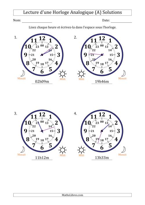 Lecture de l'Heure sur Une Horloge Analogique utilisant le système horaire sur 24 heures avec 1 Minutes d'Intervalle (4 Horloges) (Tout) page 2