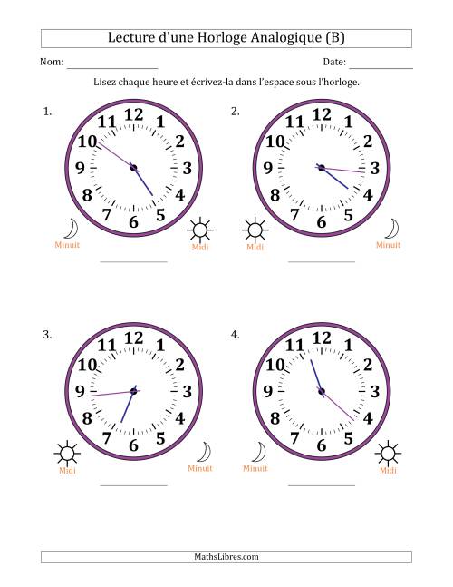 Lecture de l'Heure sur Une Horloge Analogique utilisant le système horaire sur 12 heures avec 1 Minutes d'Intervalle (4 Horloges) (B)
