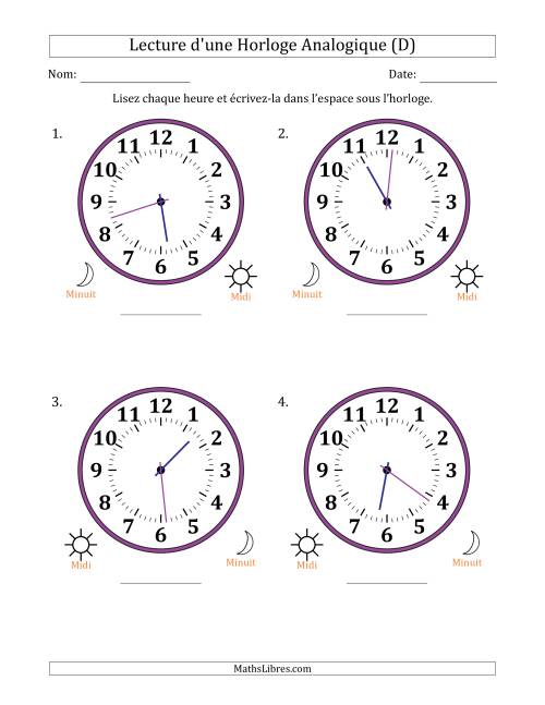 Lecture de l'Heure sur Une Horloge Analogique utilisant le système horaire sur 12 heures avec 1 Minutes d'Intervalle (4 Horloges) (D)