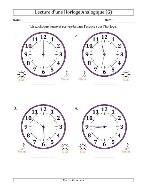 Lecture de l'Heure sur Une Horloge Analogique utilisant le système horaire sur 12 heures avec 1 Minutes d'Intervalle (4 Horloges) (G)