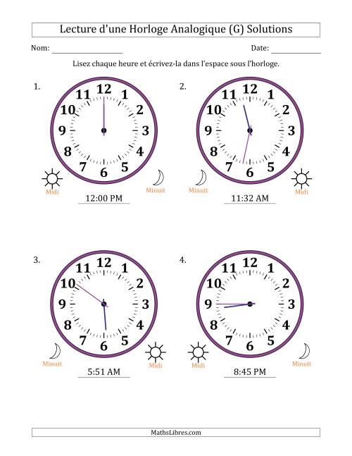 Lecture de l'Heure sur Une Horloge Analogique utilisant le système horaire sur 12 heures avec 1 Minutes d'Intervalle (4 Horloges) (G) page 2