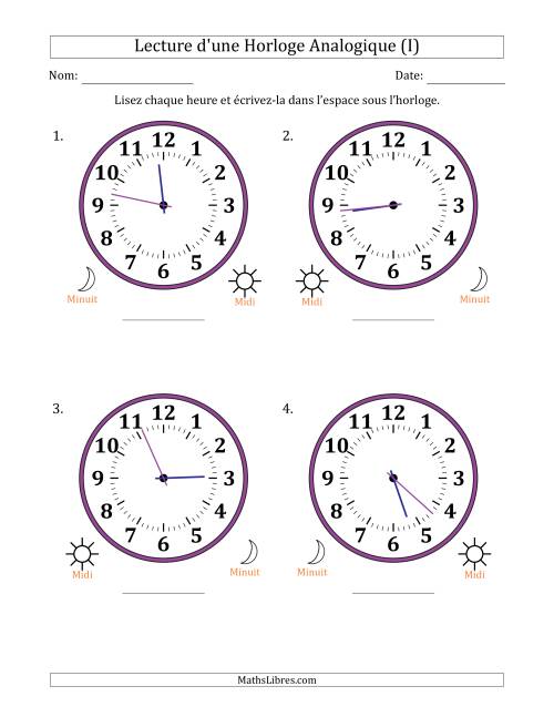 Lecture de l'Heure sur Une Horloge Analogique utilisant le système horaire sur 12 heures avec 1 Minutes d'Intervalle (4 Horloges) (I)