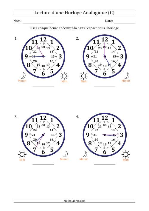 Lecture de l'Heure sur Une Horloge Analogique utilisant le système horaire sur 24 heures avec 5 Minutes d'Intervalle (4 Horloges) (C)