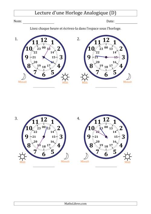 Lecture de l'Heure sur Une Horloge Analogique utilisant le système horaire sur 24 heures avec 5 Minutes d'Intervalle (4 Horloges) (D)