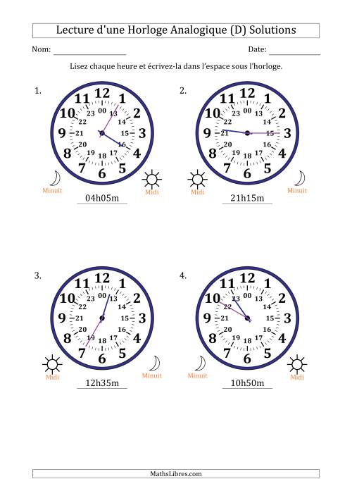 Lecture de l'Heure sur Une Horloge Analogique utilisant le système horaire sur 24 heures avec 5 Minutes d'Intervalle (4 Horloges) (D) page 2
