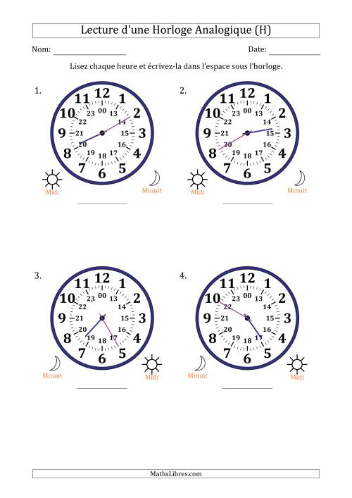 Lecture de l'Heure sur Une Horloge Analogique utilisant le système horaire sur 24 heures avec 5 Minutes d'Intervalle (4 Horloges) (H)
