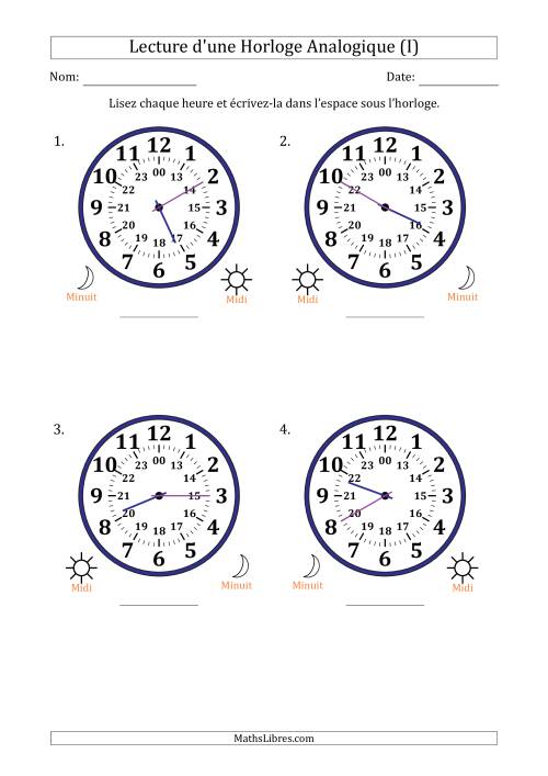 Lecture de l'Heure sur Une Horloge Analogique utilisant le système horaire sur 24 heures avec 5 Minutes d'Intervalle (4 Horloges) (I)