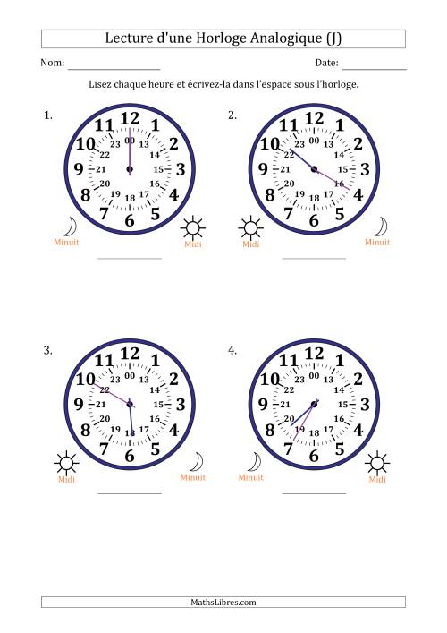 Lecture de l'Heure sur Une Horloge Analogique utilisant le système horaire sur 24 heures avec 5 Minutes d'Intervalle (4 Horloges) (J)