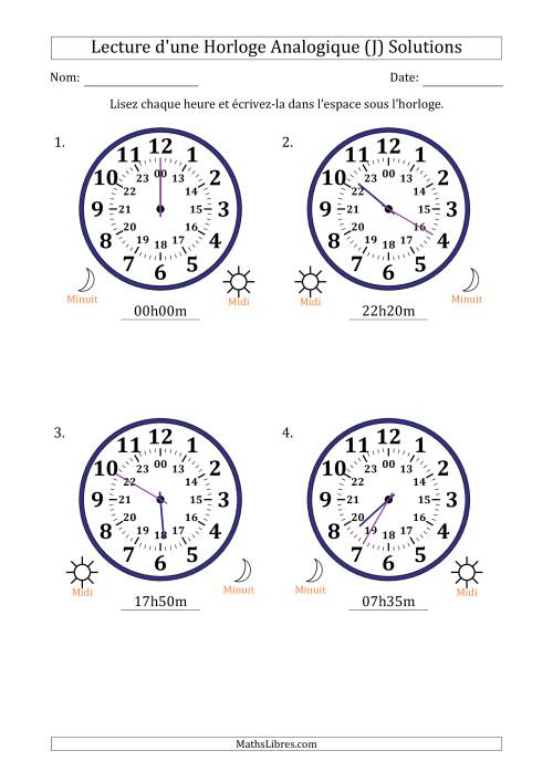 Lecture de l'Heure sur Une Horloge Analogique utilisant le système horaire sur 24 heures avec 5 Minutes d'Intervalle (4 Horloges) (J) page 2