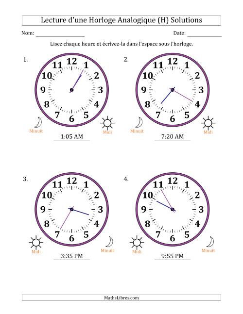 Lecture de l'Heure sur Une Horloge Analogique utilisant le système horaire sur 12 heures avec 5 Minutes d'Intervalle (4 Horloges) (H) page 2