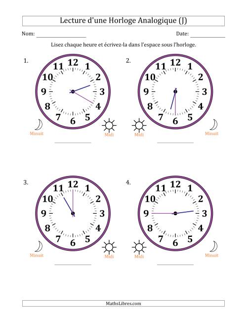 Lecture de l'Heure sur Une Horloge Analogique utilisant le système horaire sur 12 heures avec 5 Minutes d'Intervalle (4 Horloges) (J)