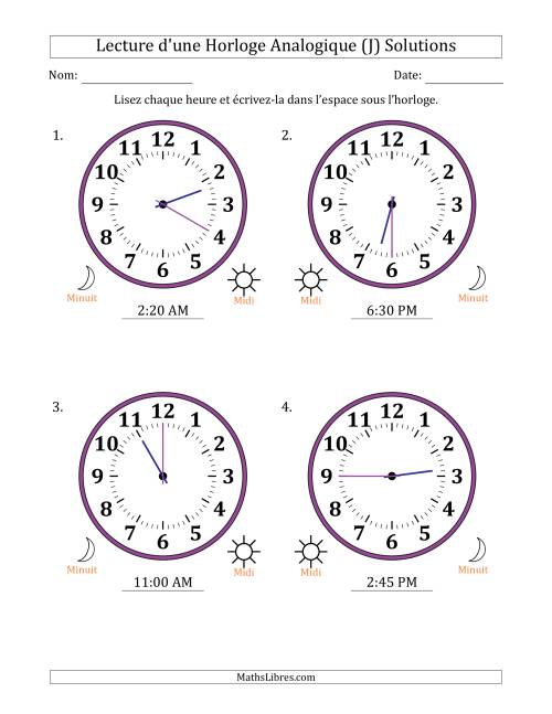 Lecture de l'Heure sur Une Horloge Analogique utilisant le système horaire sur 12 heures avec 5 Minutes d'Intervalle (4 Horloges) (J) page 2