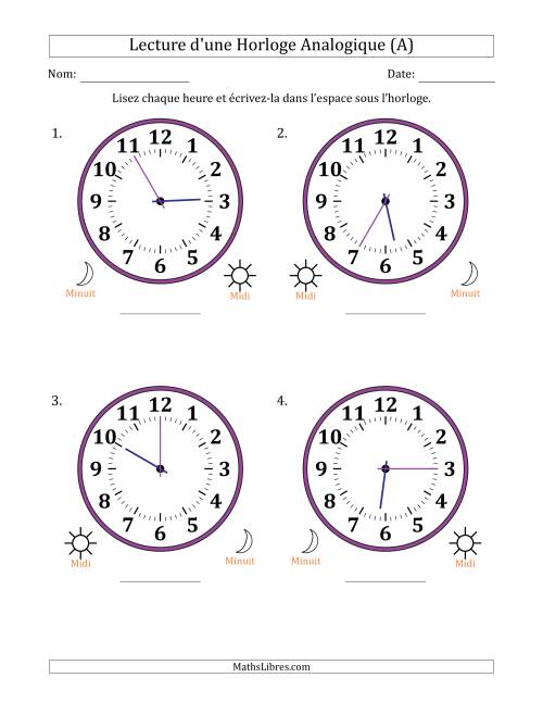 Lecture de l'Heure sur Une Horloge Analogique utilisant le système horaire sur 12 heures avec 5 Minutes d'Intervalle (4 Horloges) (Tout)