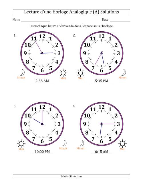Lecture de l'Heure sur Une Horloge Analogique utilisant le système horaire sur 12 heures avec 5 Minutes d'Intervalle (4 Horloges) (Tout) page 2