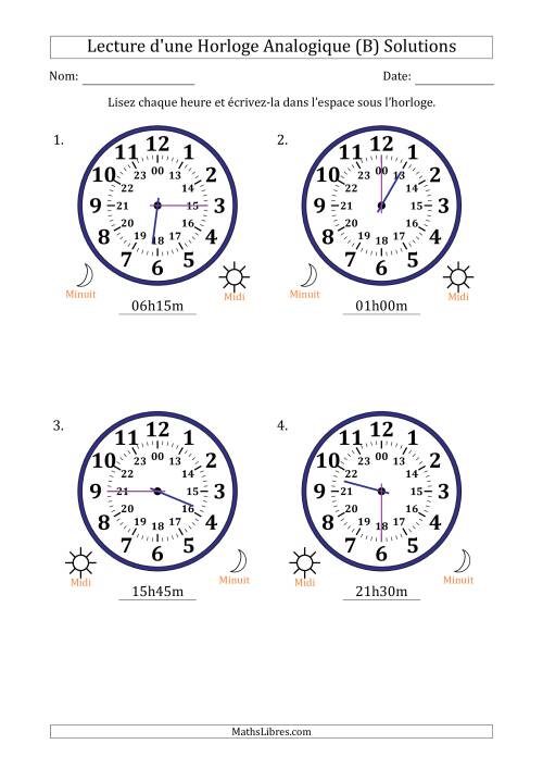 Lecture de l'Heure sur Une Horloge Analogique utilisant le système horaire sur 24 heures avec 15 Minutes d'Intervalle (4 Horloges) (B) page 2