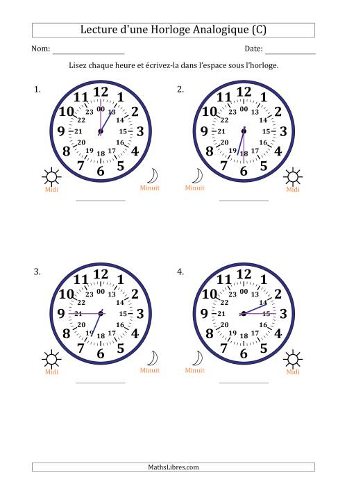 Lecture de l'Heure sur Une Horloge Analogique utilisant le système horaire sur 24 heures avec 15 Minutes d'Intervalle (4 Horloges) (C)