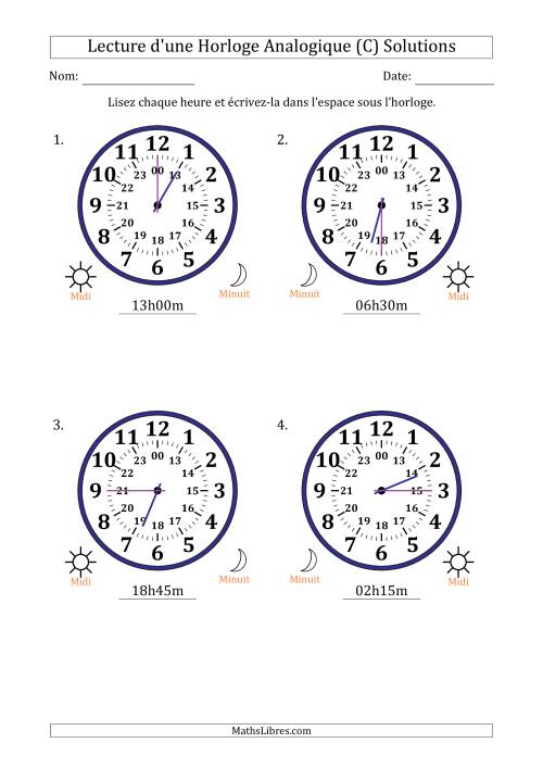 Lecture de l'Heure sur Une Horloge Analogique utilisant le système horaire sur 24 heures avec 15 Minutes d'Intervalle (4 Horloges) (C) page 2