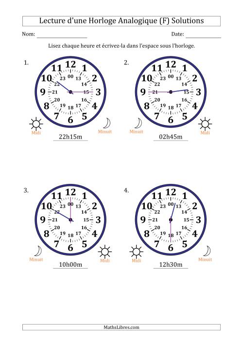 Lecture de l'Heure sur Une Horloge Analogique utilisant le système horaire sur 24 heures avec 15 Minutes d'Intervalle (4 Horloges) (F) page 2