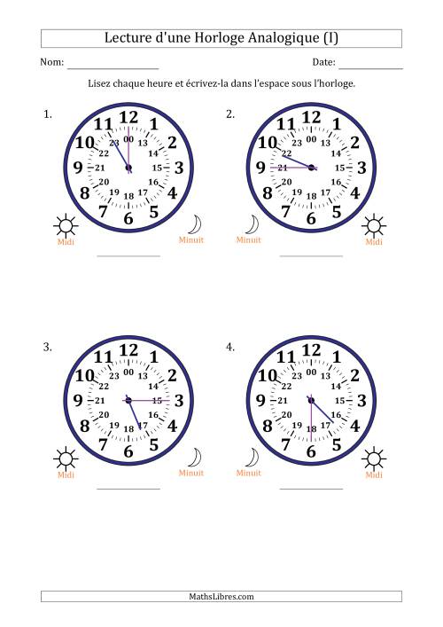Lecture de l'Heure sur Une Horloge Analogique utilisant le système horaire sur 24 heures avec 15 Minutes d'Intervalle (4 Horloges) (I)
