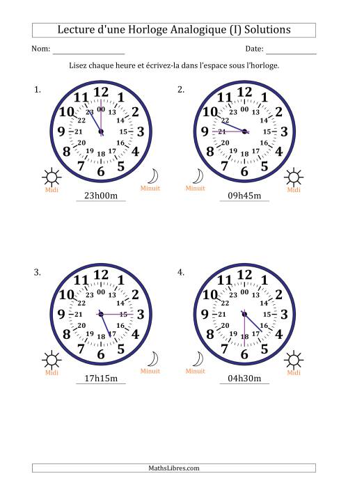 Lecture de l'Heure sur Une Horloge Analogique utilisant le système horaire sur 24 heures avec 15 Minutes d'Intervalle (4 Horloges) (I) page 2