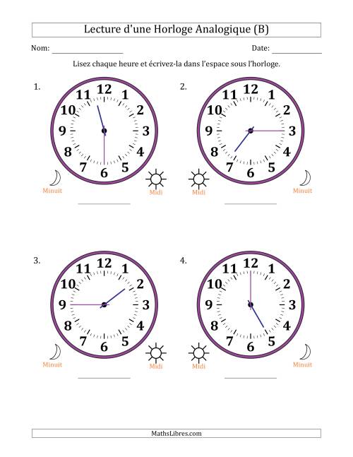 Lecture de l'Heure sur Une Horloge Analogique utilisant le système horaire sur 12 heures avec 15 Minutes d'Intervalle (4 Horloges) (B)