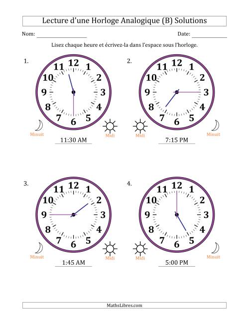 Lecture de l'Heure sur Une Horloge Analogique utilisant le système horaire sur 12 heures avec 15 Minutes d'Intervalle (4 Horloges) (B) page 2