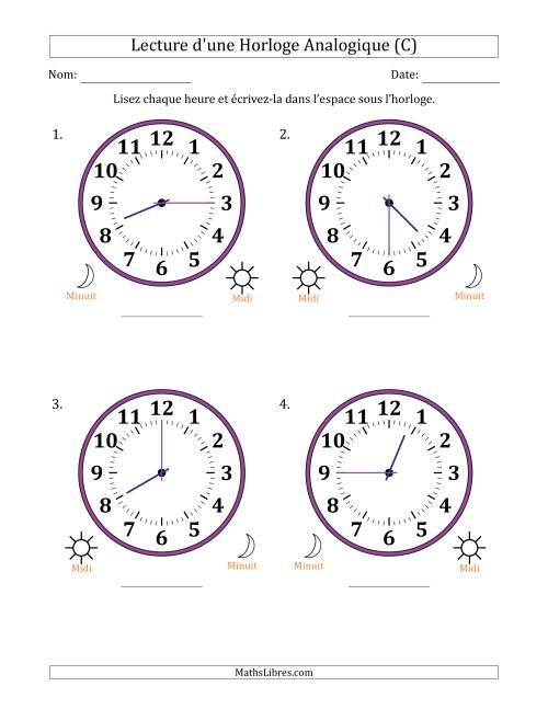 Lecture de l'Heure sur Une Horloge Analogique utilisant le système horaire sur 12 heures avec 15 Minutes d'Intervalle (4 Horloges) (C)