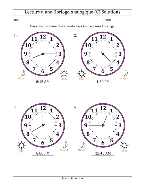 Lecture de l'Heure sur Une Horloge Analogique utilisant le système horaire sur 12 heures avec 15 Minutes d'Intervalle (4 Horloges) (C) page 2