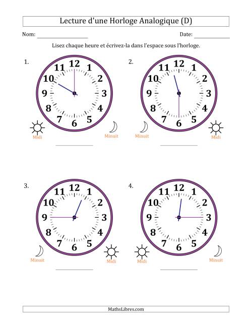Lecture de l'Heure sur Une Horloge Analogique utilisant le système horaire sur 12 heures avec 15 Minutes d'Intervalle (4 Horloges) (D)