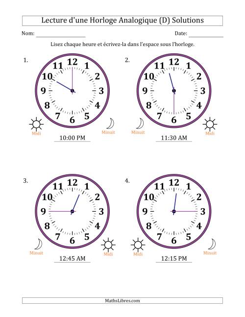 Lecture de l'Heure sur Une Horloge Analogique utilisant le système horaire sur 12 heures avec 15 Minutes d'Intervalle (4 Horloges) (D) page 2