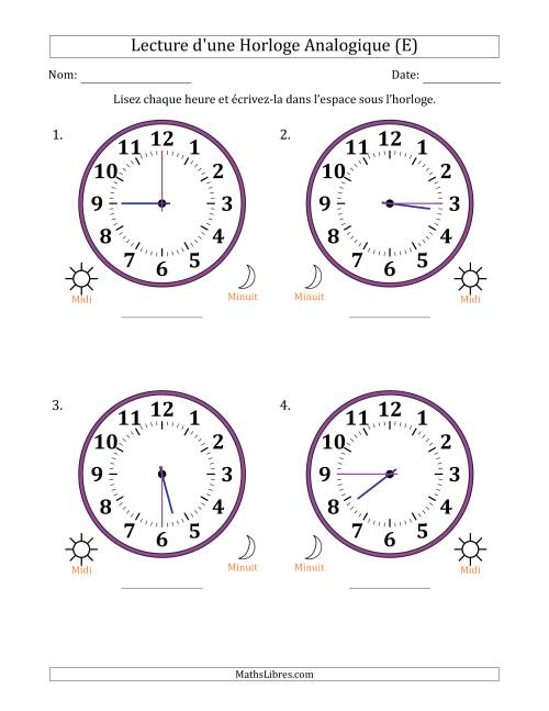 Lecture de l'Heure sur Une Horloge Analogique utilisant le système horaire sur 12 heures avec 15 Minutes d'Intervalle (4 Horloges) (E)