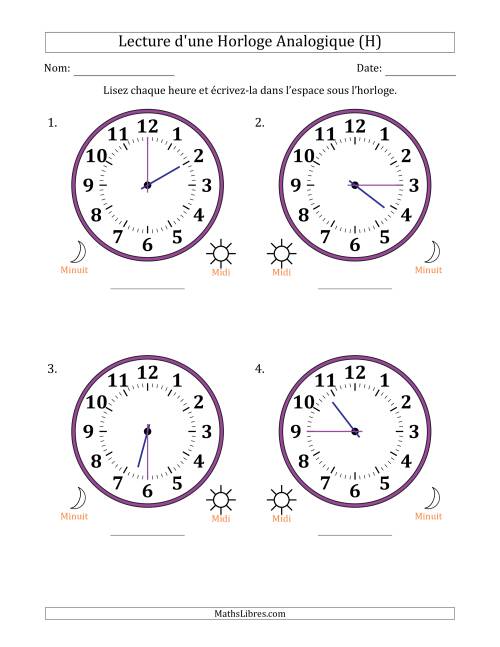 Lecture de l'Heure sur Une Horloge Analogique utilisant le système horaire sur 12 heures avec 15 Minutes d'Intervalle (4 Horloges) (H)