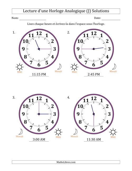 Lecture de l'Heure sur Une Horloge Analogique utilisant le système horaire sur 12 heures avec 15 Minutes d'Intervalle (4 Horloges) (J) page 2