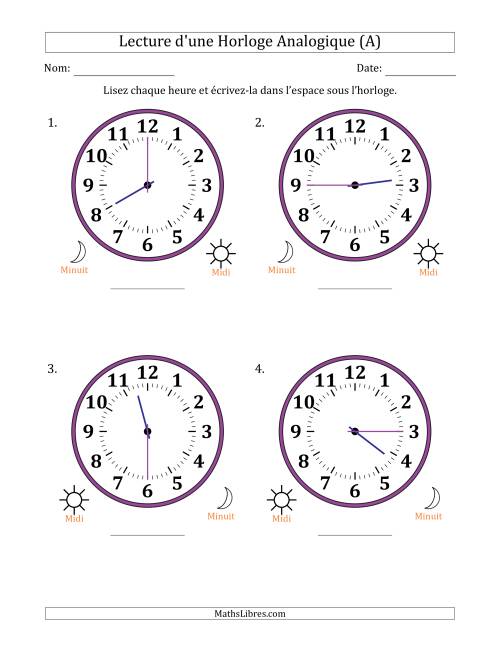 Lecture de l'Heure sur Une Horloge Analogique utilisant le système horaire sur 12 heures avec 15 Minutes d'Intervalle (4 Horloges) (Tout)
