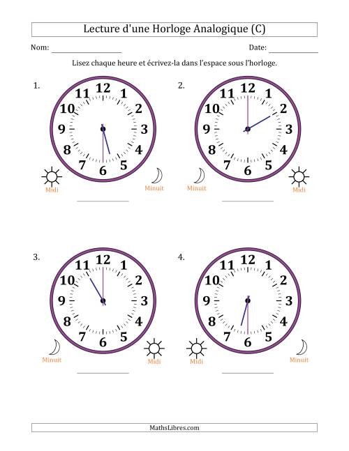 Lecture de l'Heure sur Une Horloge Analogique utilisant le système horaire sur 12 heures avec 30 Minutes d'Intervalle (4 Horloges) (C)
