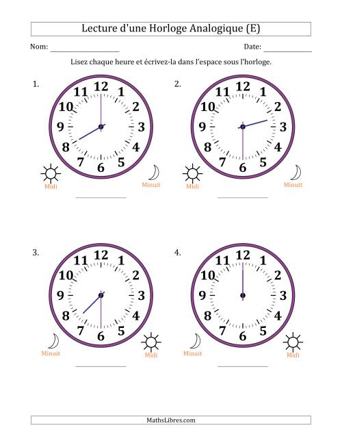 Lecture de l'Heure sur Une Horloge Analogique utilisant le système horaire sur 12 heures avec 30 Minutes d'Intervalle (4 Horloges) (E)