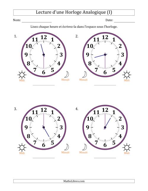 Lecture de l'Heure sur Une Horloge Analogique utilisant le système horaire sur 12 heures avec 30 Minutes d'Intervalle (4 Horloges) (I)