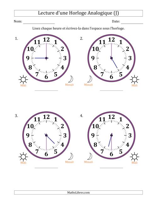 Lecture de l'Heure sur Une Horloge Analogique utilisant le système horaire sur 12 heures avec 30 Minutes d'Intervalle (4 Horloges) (J)