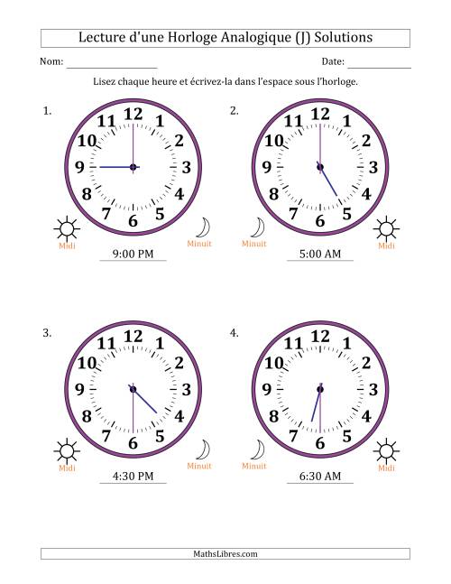 Lecture de l'Heure sur Une Horloge Analogique utilisant le système horaire sur 12 heures avec 30 Minutes d'Intervalle (4 Horloges) (J) page 2