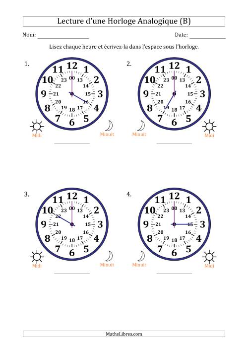 Lecture de l'Heure sur Une Horloge Analogique utilisant le système horaire sur 24 heures avec 1 Heures d'Intervalle (4 Horloges) (B)