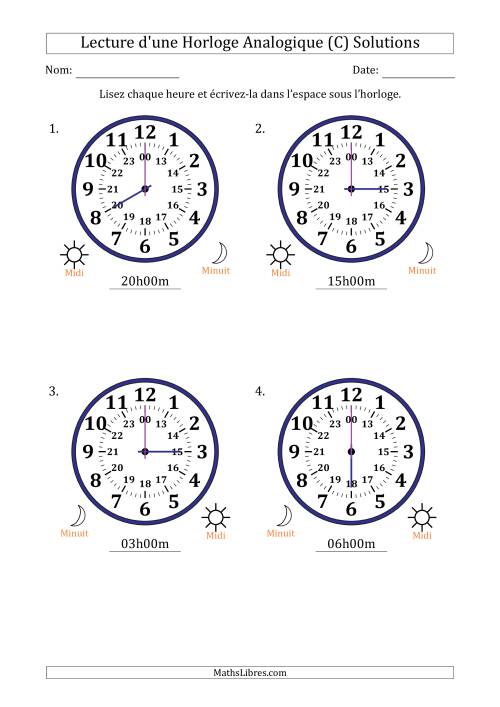 Lecture de l'Heure sur Une Horloge Analogique utilisant le système horaire sur 24 heures avec 1 Heures d'Intervalle (4 Horloges) (C) page 2