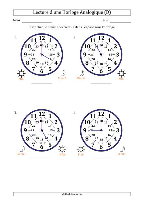 Lecture de l'Heure sur Une Horloge Analogique utilisant le système horaire sur 24 heures avec 1 Heures d'Intervalle (4 Horloges) (D)